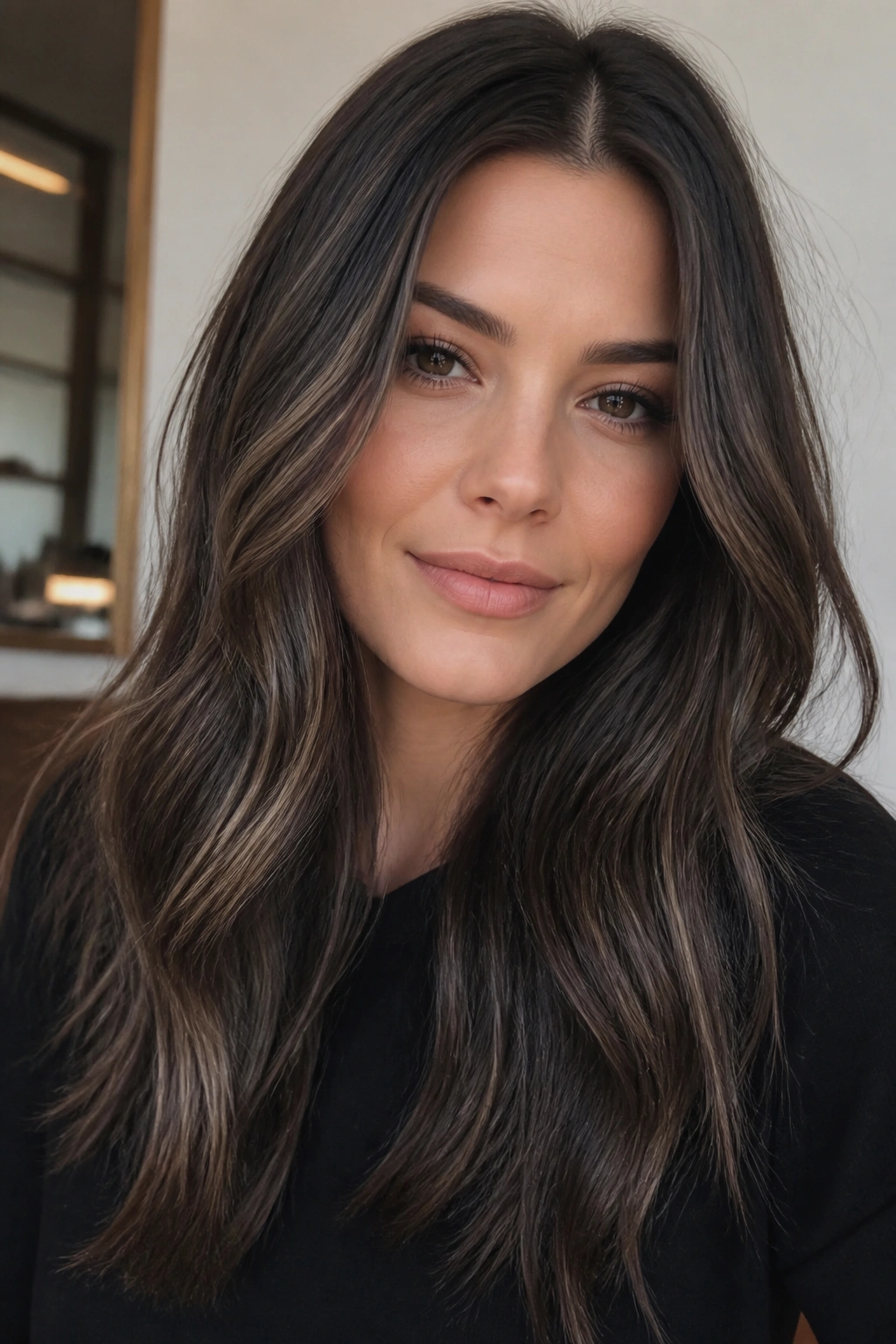 Close-up of a real person with smoky brunette hair and cool lowlighting for added depth