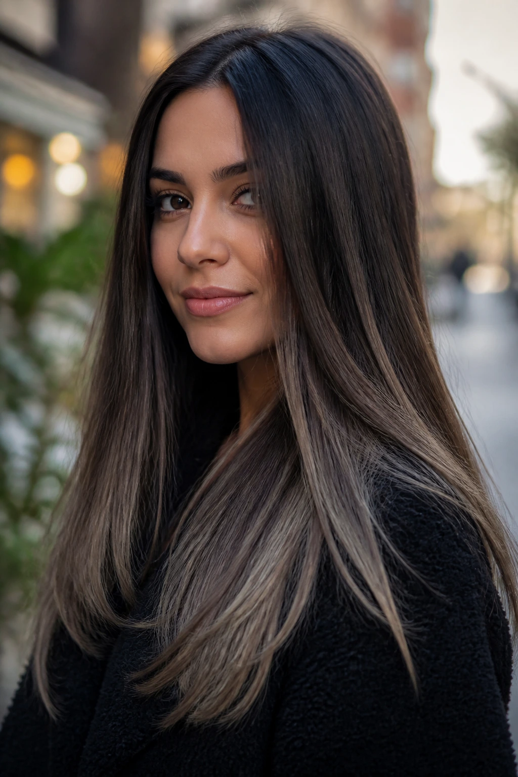 Close-up of real woman with Smoky Brunette Ombré hair on straight hair outdoors