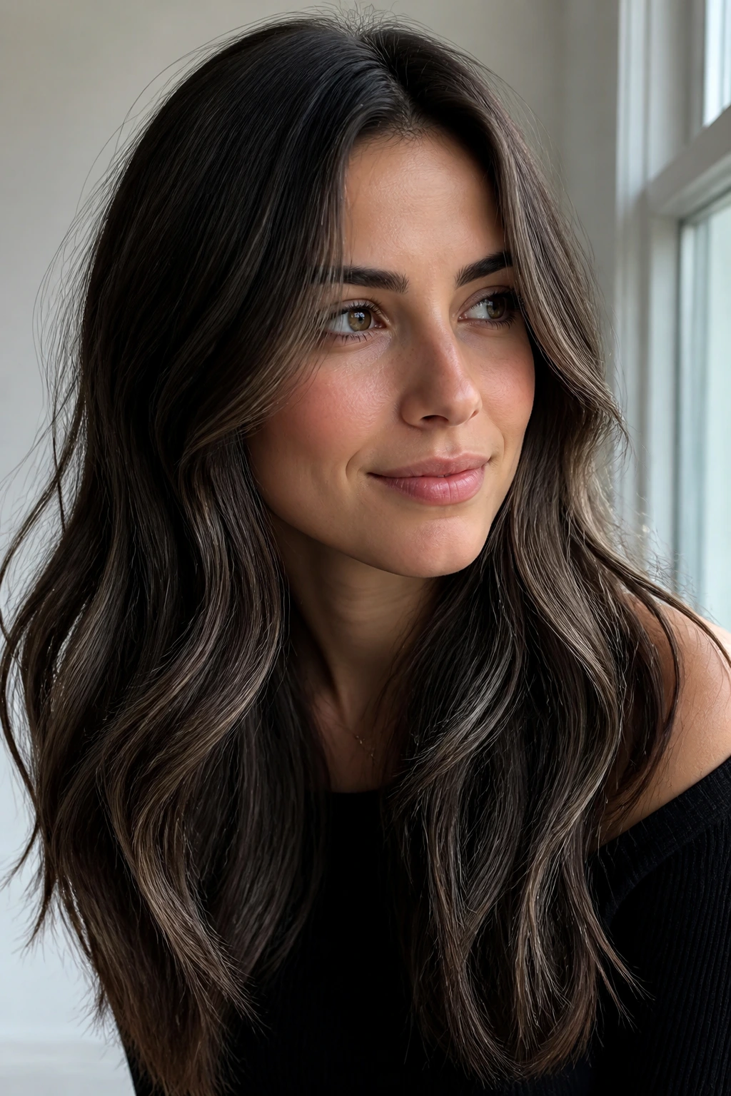 Close-up portrait of a real person with smoky brunette hair in a softly lit indoor setting