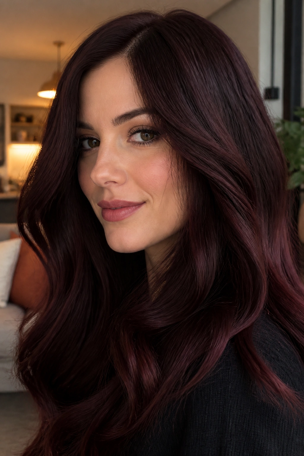 Close-up portrait of a real person with smoky brunette hair and red velvet tint