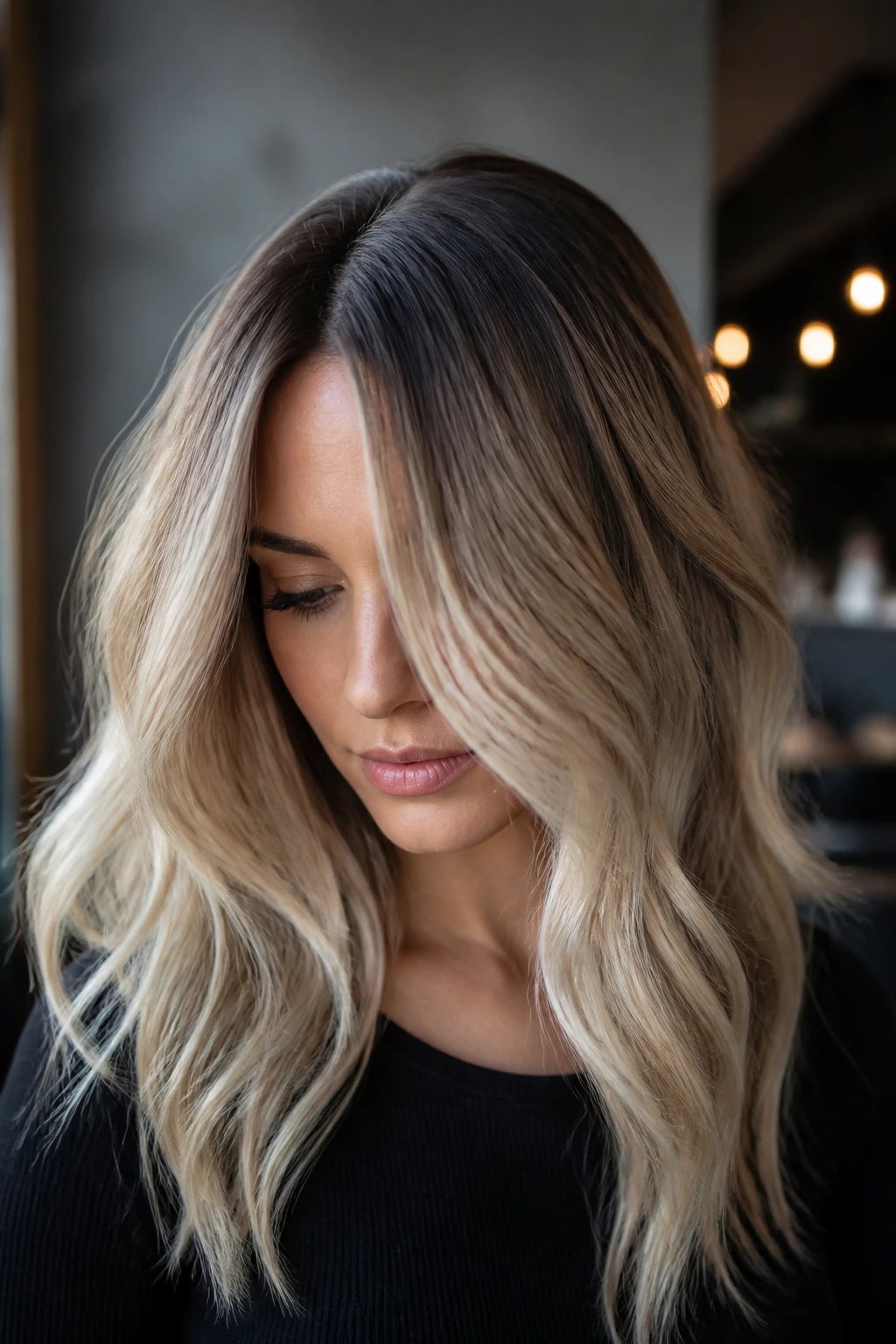 Close-up photo of a real woman with smoky brunette roots against ash-blonde hair.
