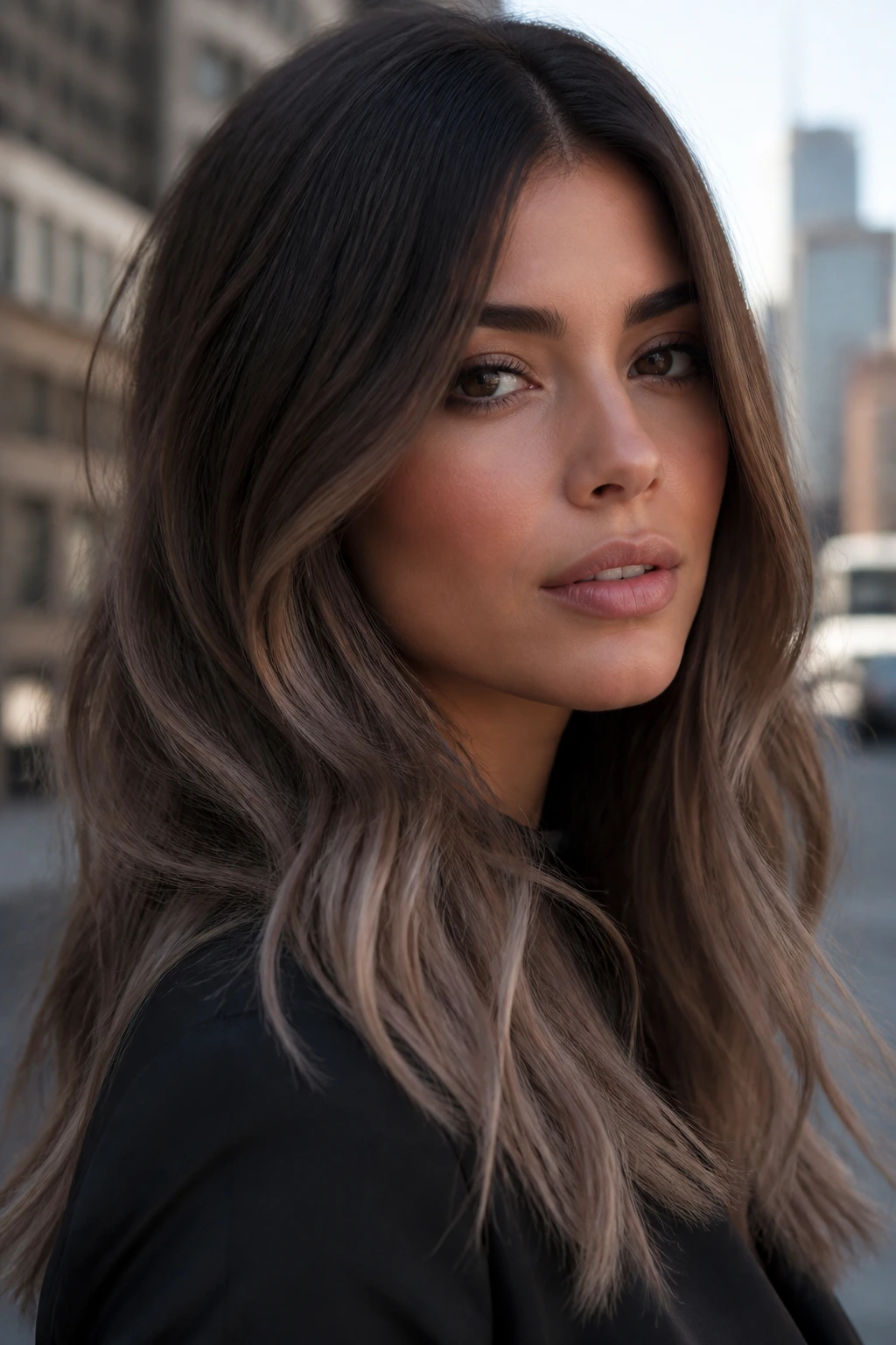 Close-up of smoky brunette hair with taupe ends in outdoor light