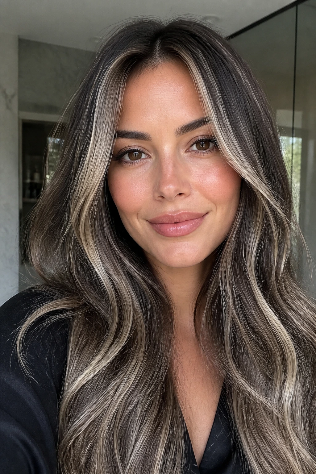 Front portrait of smoky brunette with platinum veil highlights