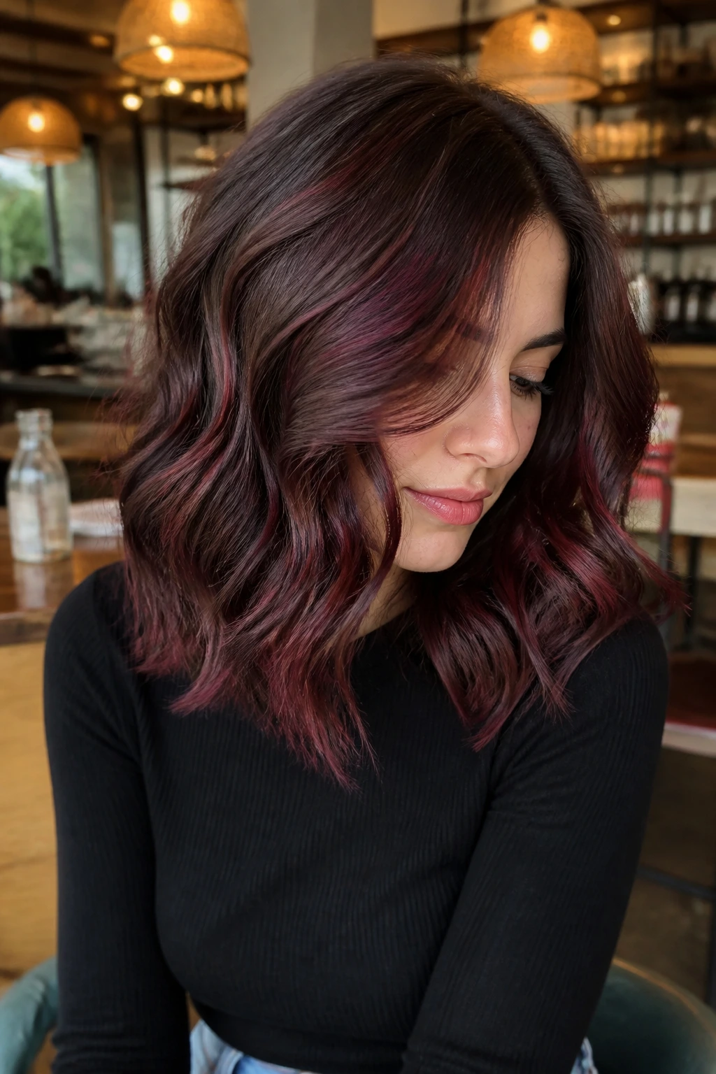Shoulder-length smoky burgundy balayage on a real person in cafe lighting