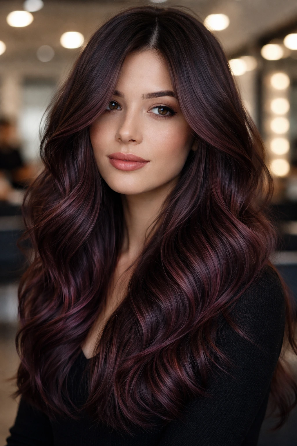 Close-up of a real person with smoky burgundy balayage on ash brown hair
