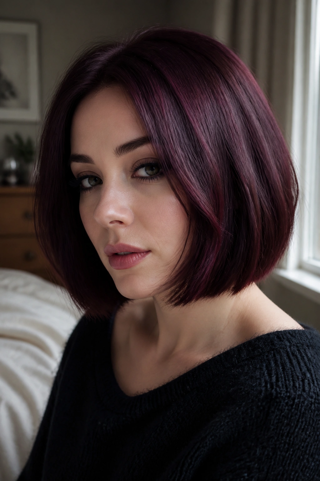 Close-up portrait of a real woman with a smoky burgundy bob in natural window light.