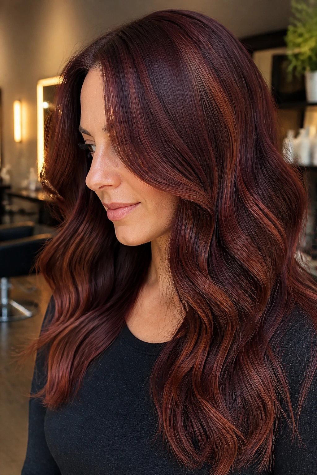 Close-up of a real woman with medium brown hair showing smoky burgundy and caramel threads in soft waves.