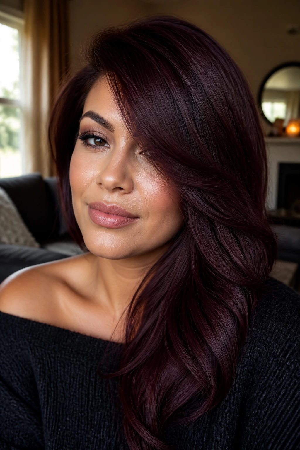 Close-up of a real woman with smoky burgundy hair and a deep side sweep.