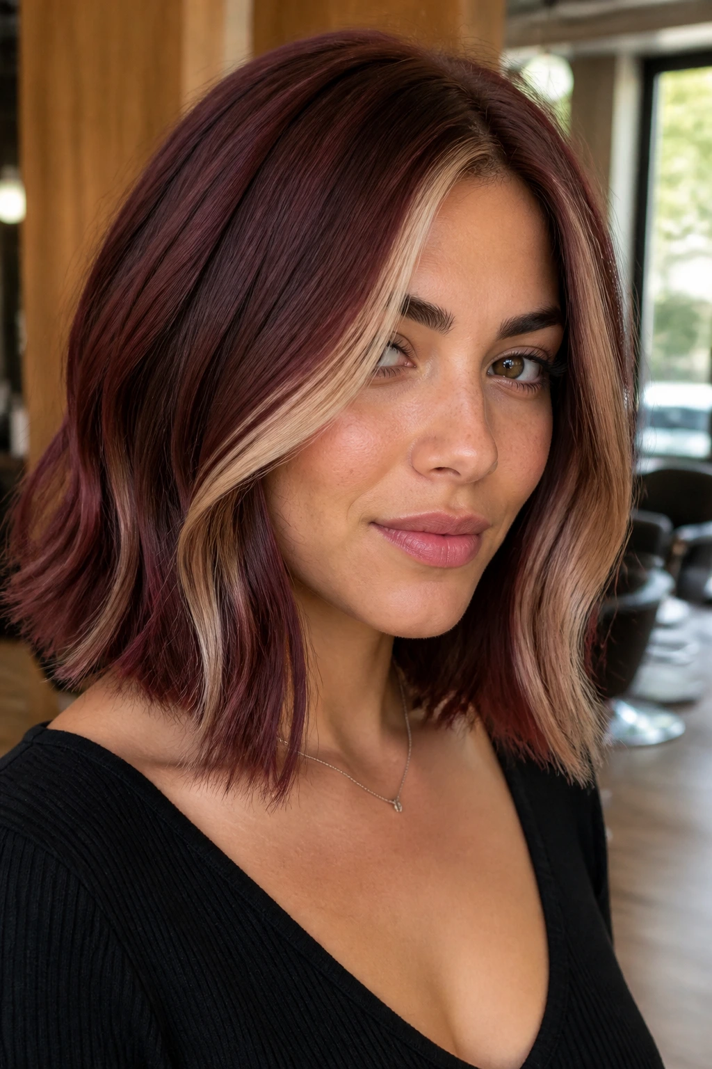 Close-up of a real woman with smoky burgundy lob and blonde contour highlights