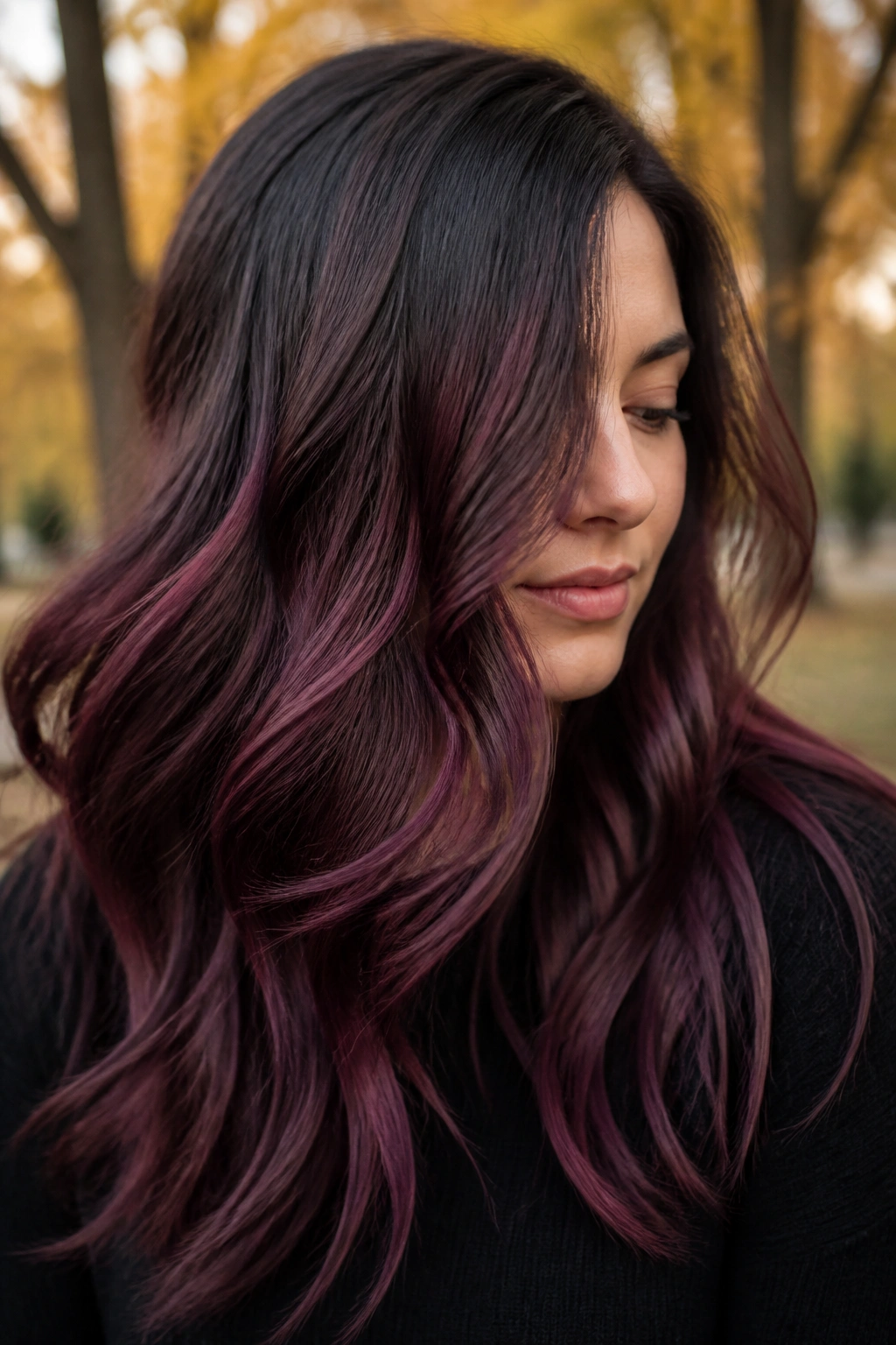 Close-up of smoky burgundy melt with dark roots fading to burgundy ends