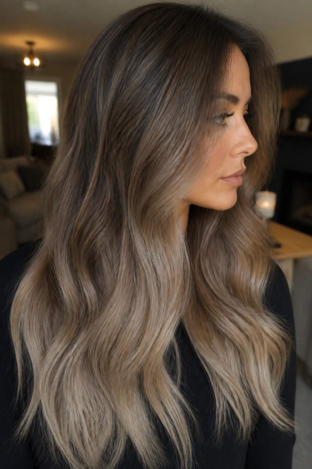 Close-up of a woman with smoky caramel base and ash ends ombre