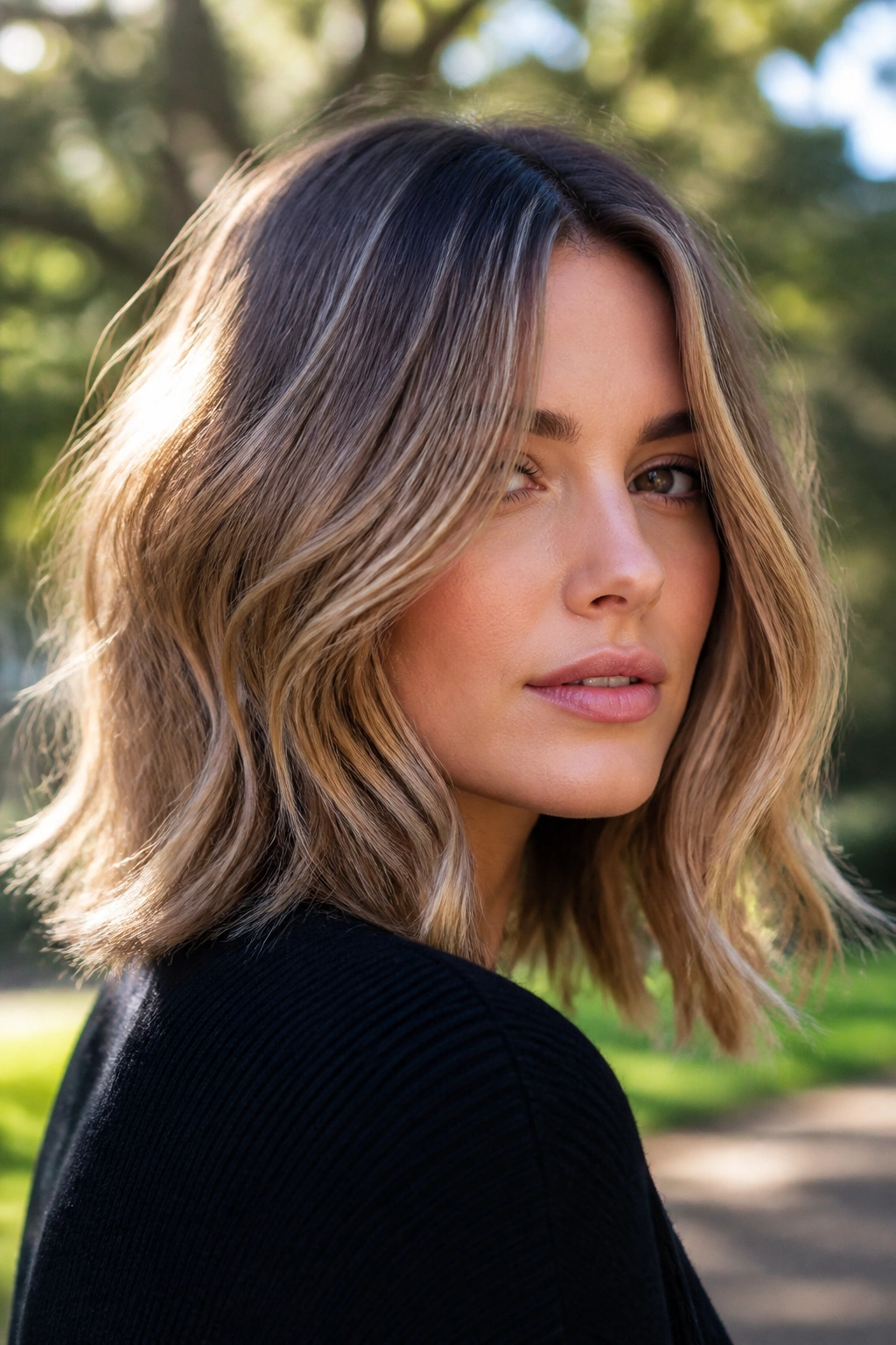 Real woman with smoky honey caramel lob hairstyle