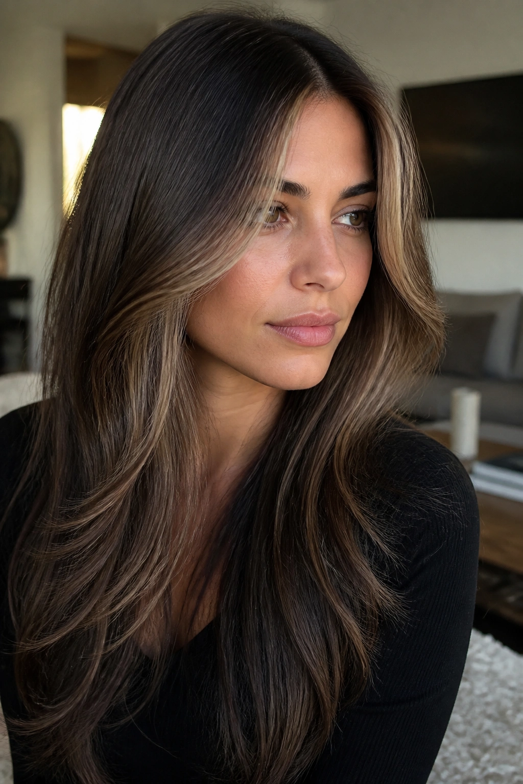 Close-up of long layered hair with smoky caramel money piece at the front