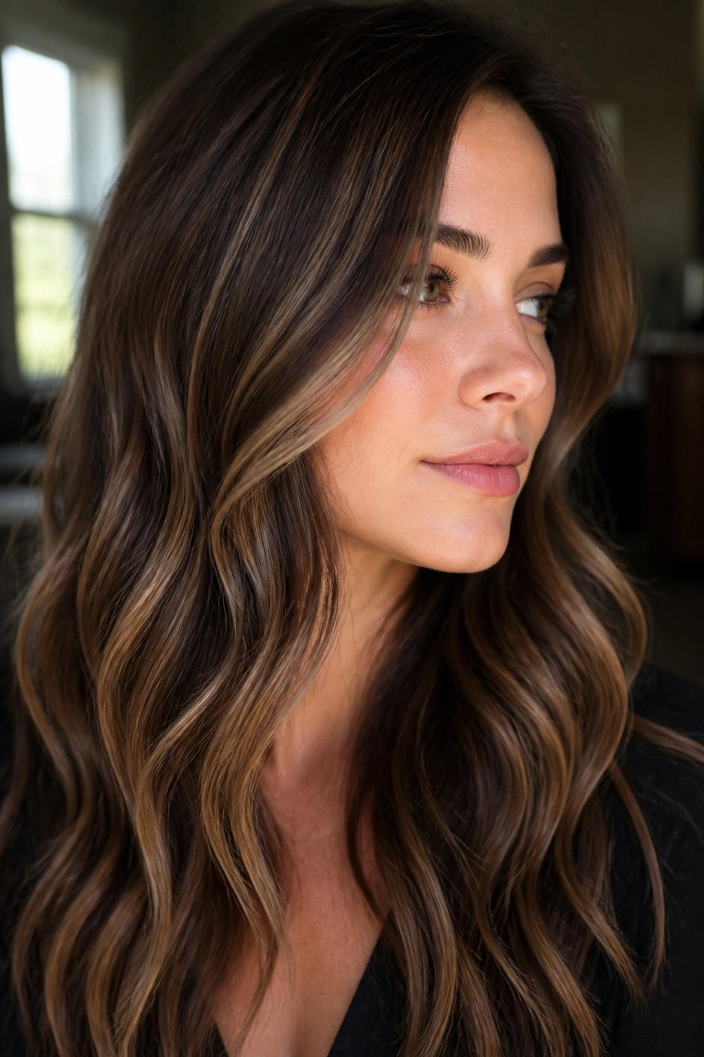 Portrait of brunette with smoky caramel ribbons woven through medium brown hair