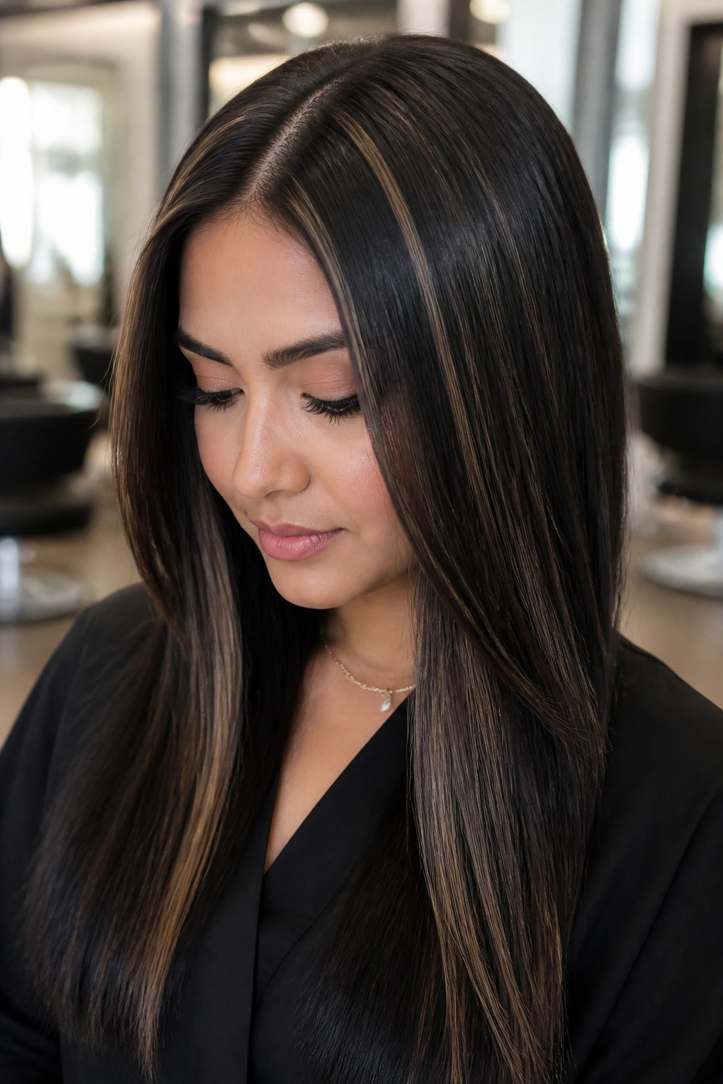 Close-up of real woman's black hair with smoky caramel streaks and sleek finish