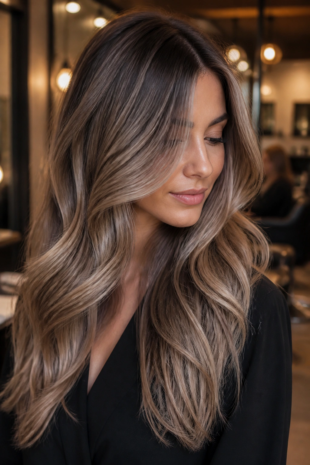 Portrait of a woman with smoky champagne bronde on long layered hair.
