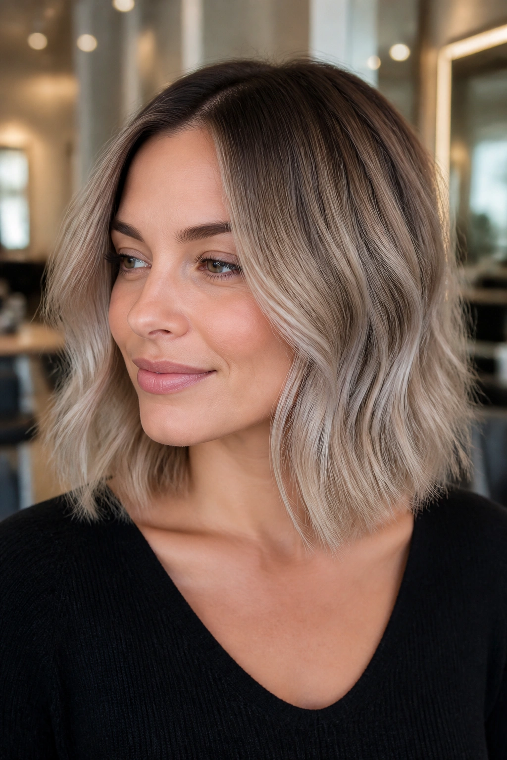 Close-up of a real woman with smoky champagne lob and soft waves