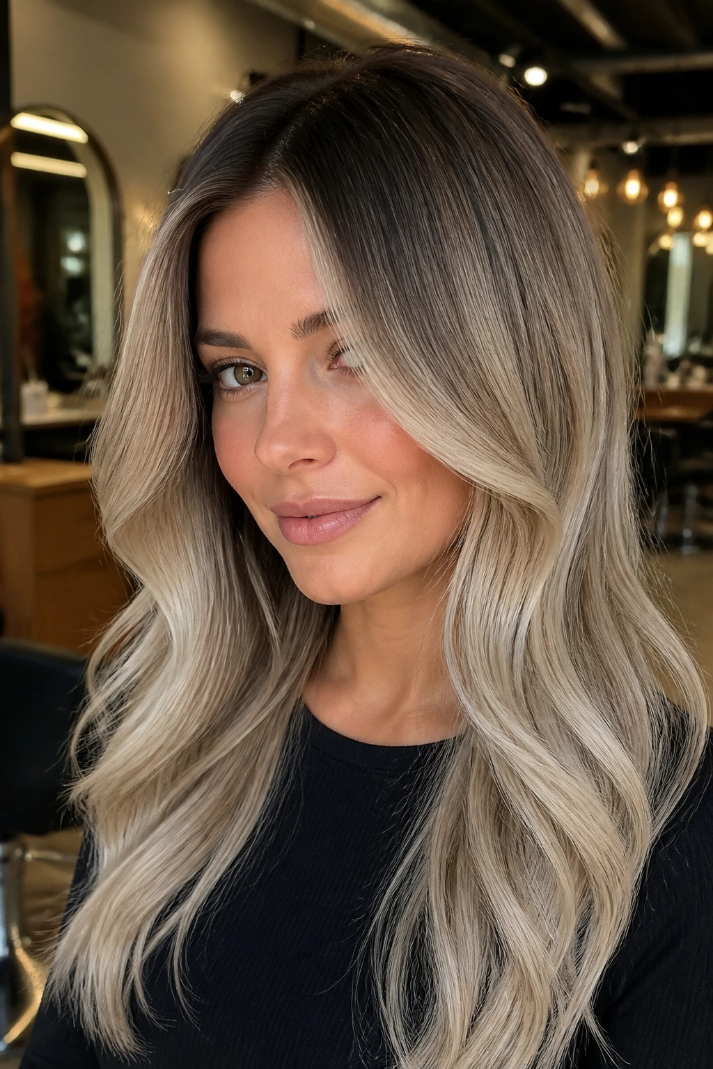 Real woman with smoky champagne melt hair