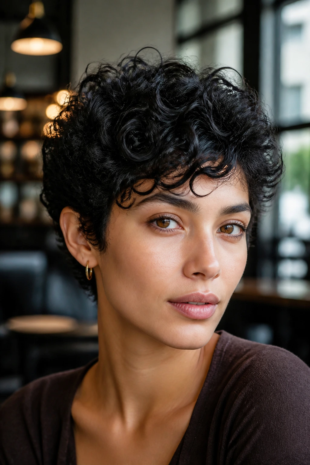 Close-up portrait of a real person with short curls in smoky charcoal black.