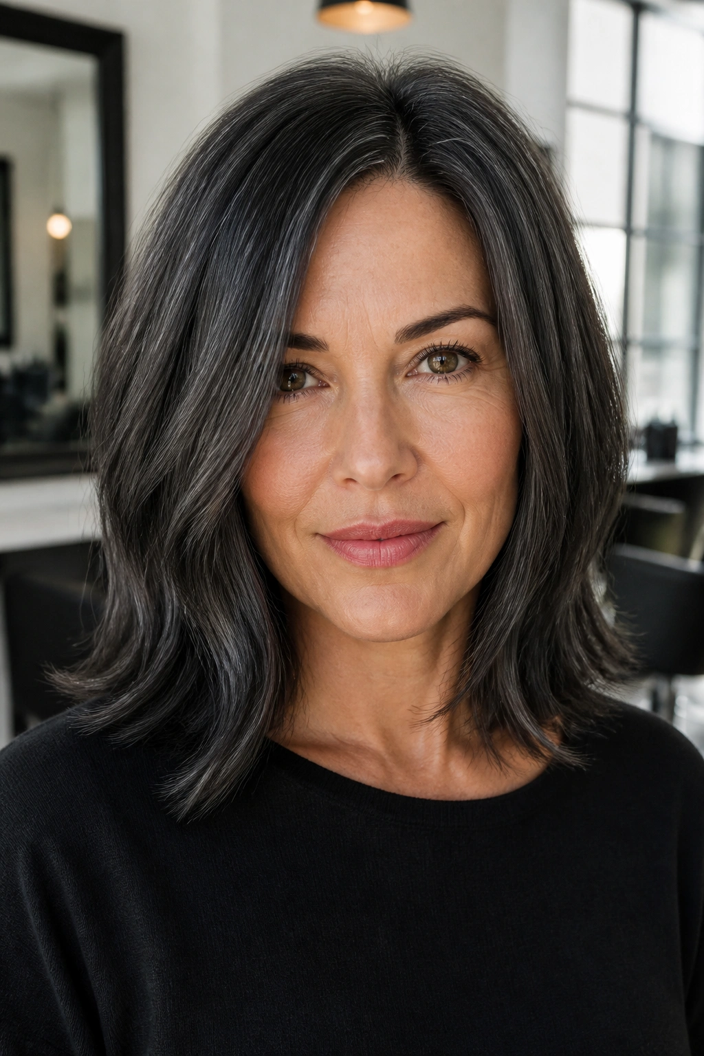 Close-up portrait of a woman with a smoky charcoal lob and textured ends