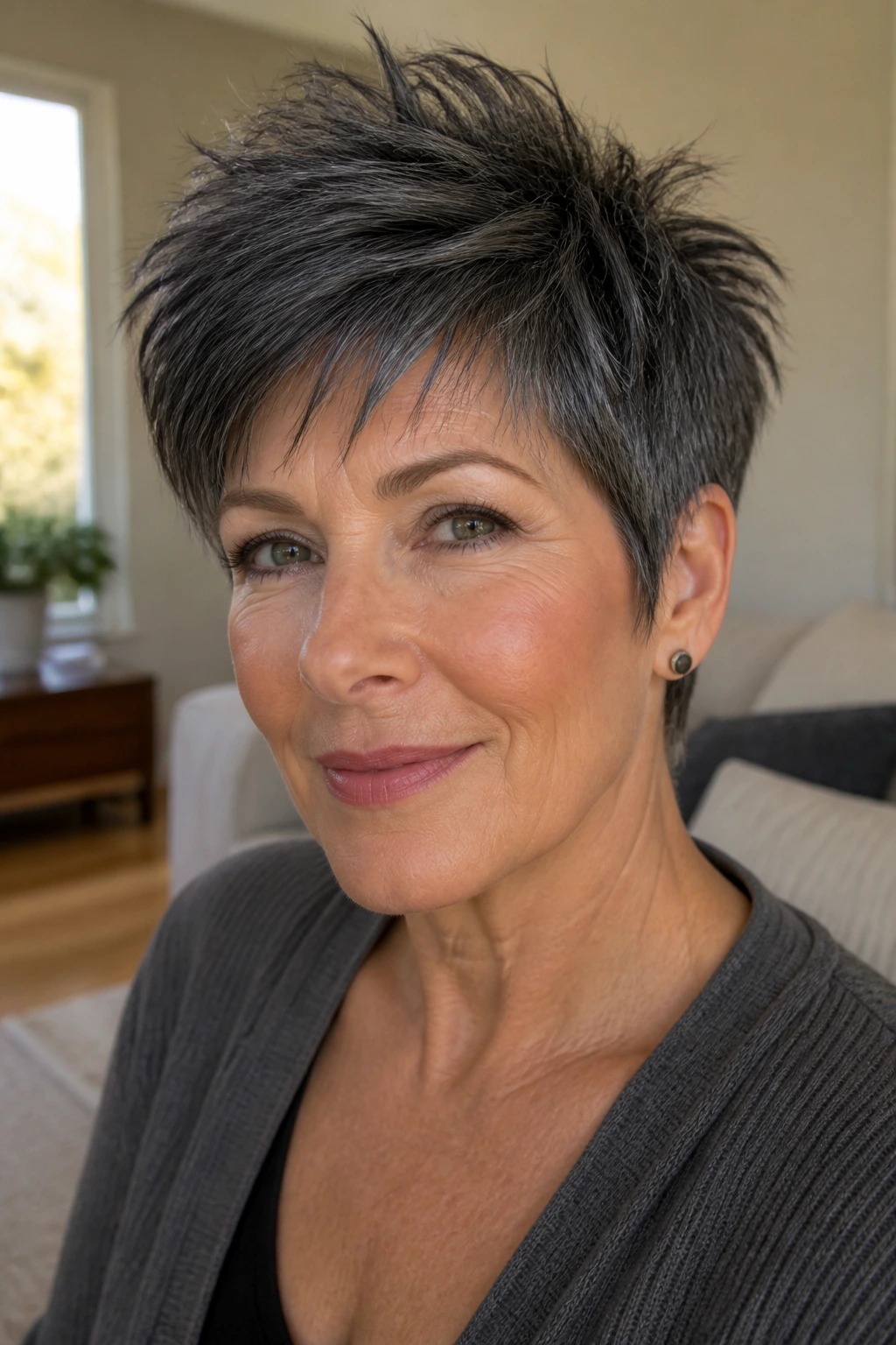 Close-up portrait of a real woman with a smoky charcoal pixie showing textured crown and fringe.