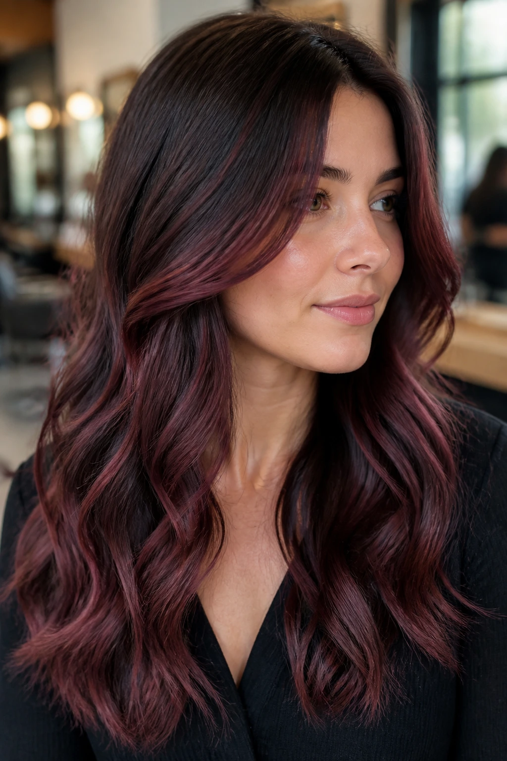 Close-up portrait of a real woman with smoky cherry balayage on cool brunette hair.