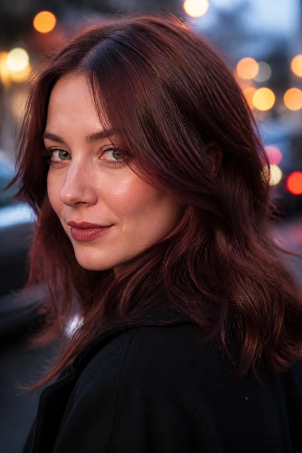 Real-person portrait with smoky cherry brown hair at dusk