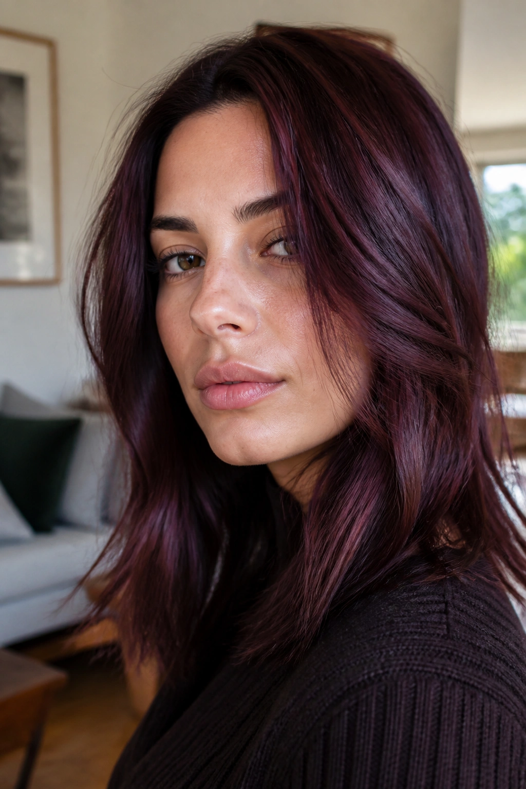 Close-up portrait of a real woman with smoky cherry brown hair under soft window light