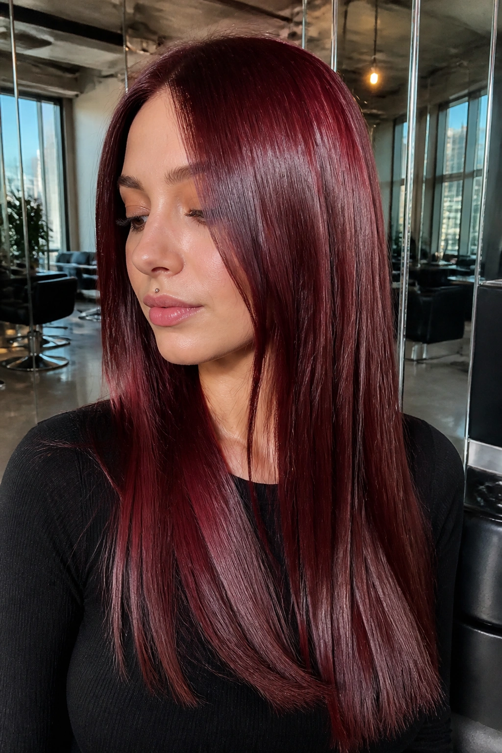 Portrait of a woman with smoky cherry chrome hair and metallic gloss.