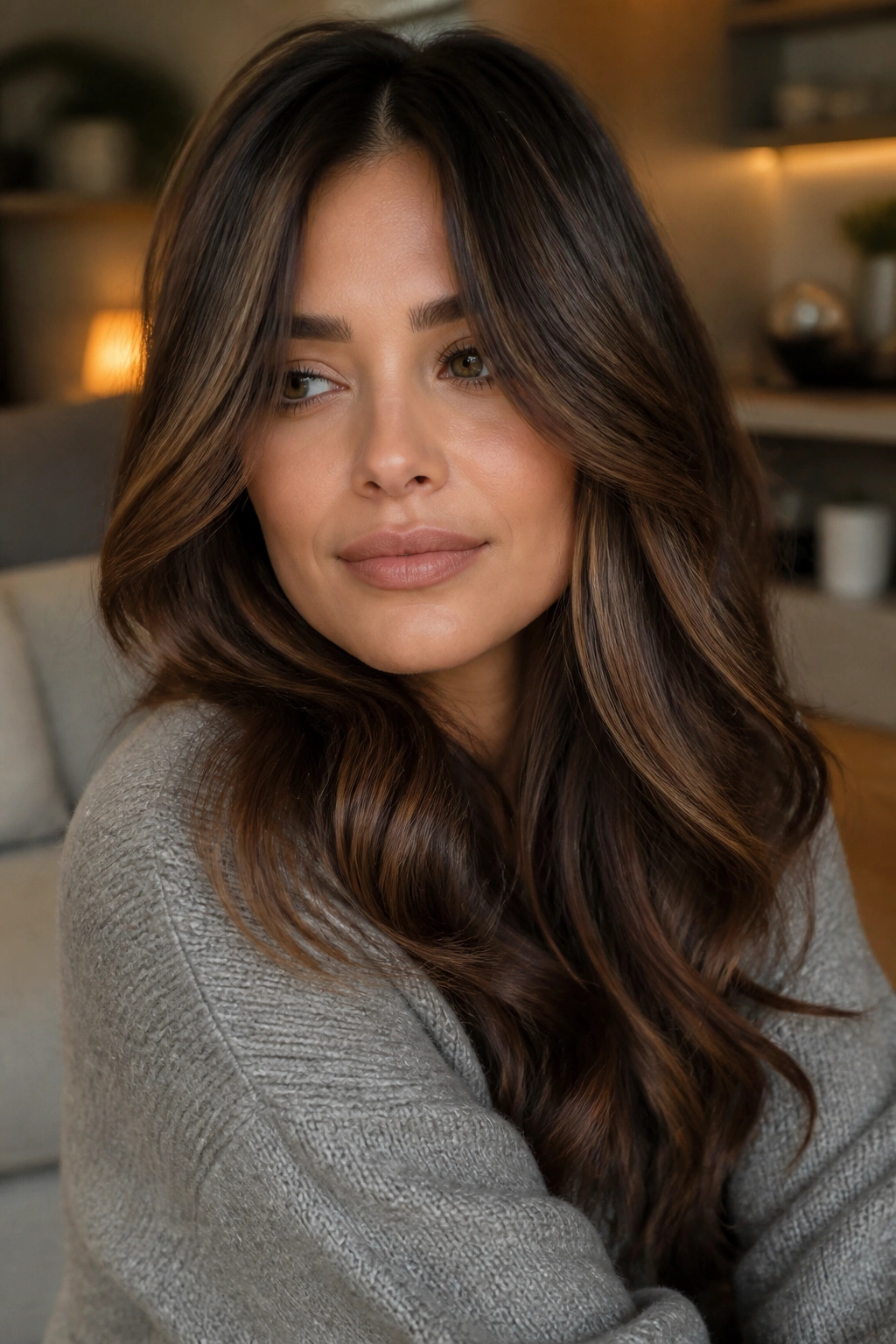 Portrait of a woman with smoky chestnut balayage in medium brown base