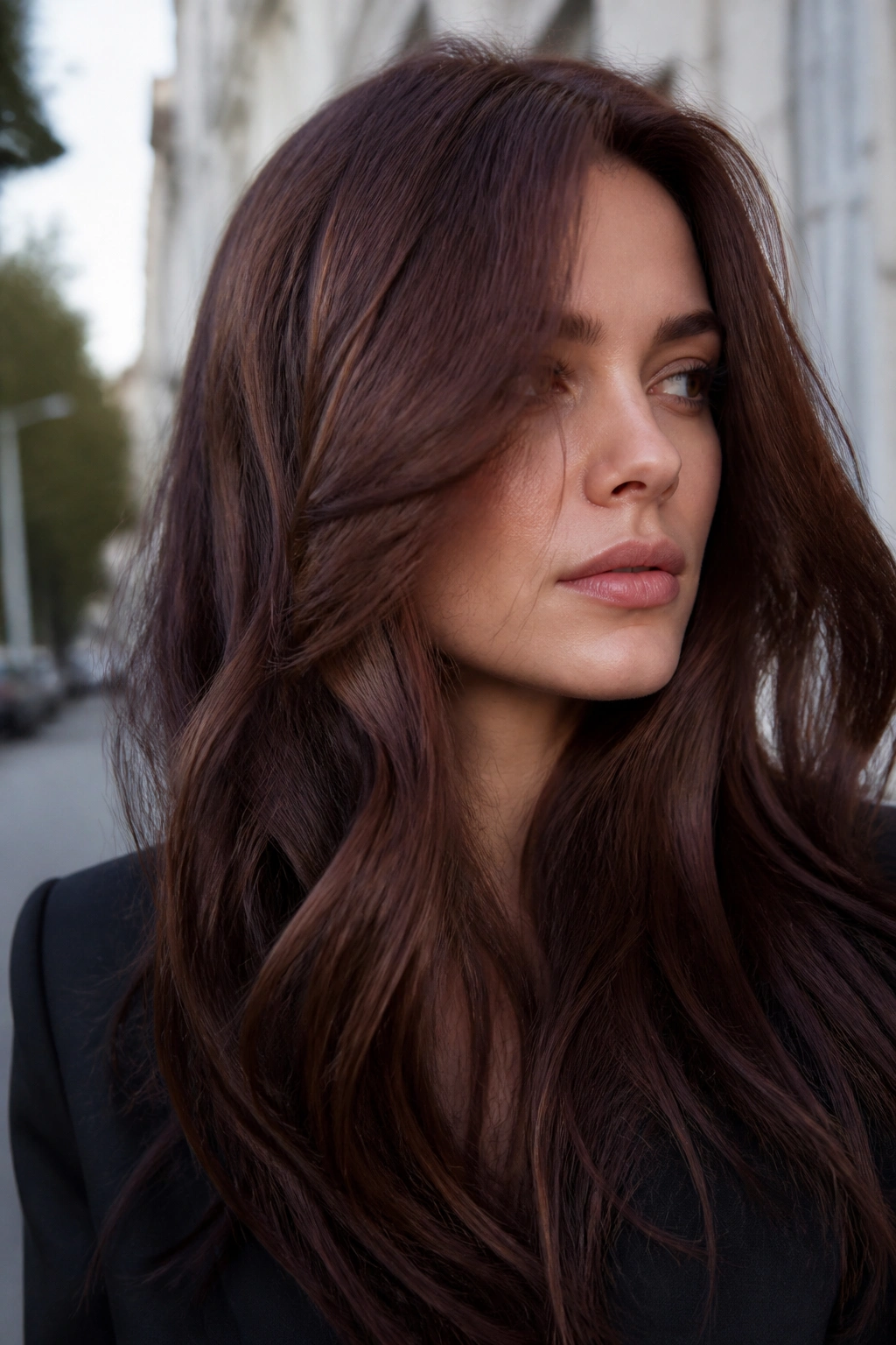 Close-up of a real person with smoky chestnut brown hair and ash glaze in daylight