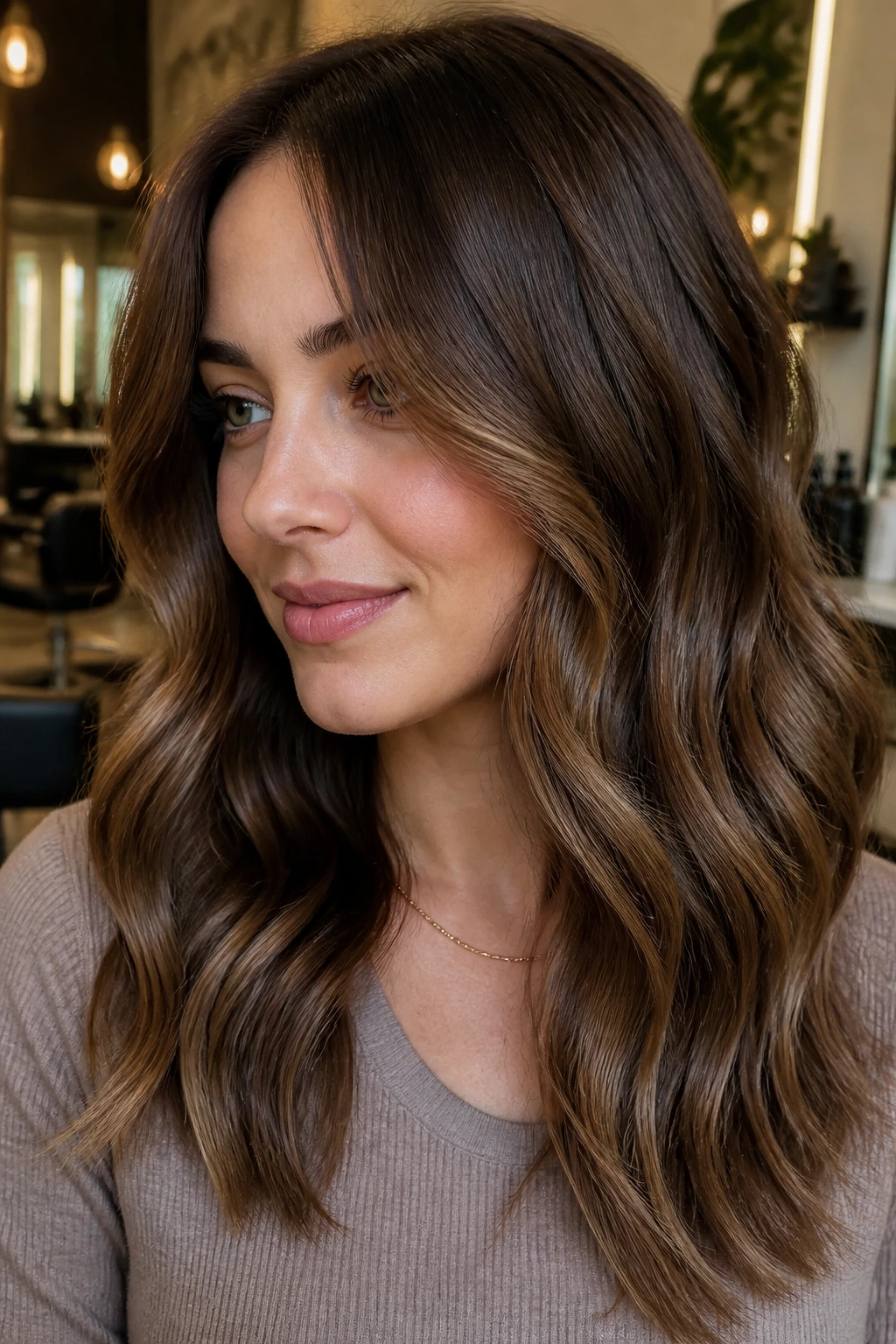 Close-up of a real woman's smoky chestnut hair with soft caramel glaze