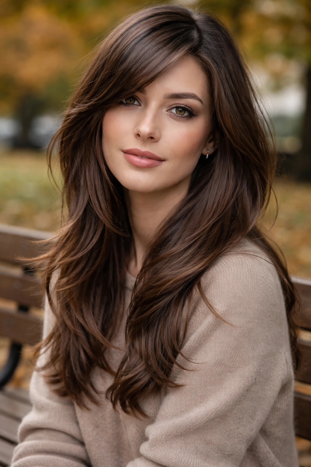 Portrait of a woman with smoky chestnut layered hair in natural light.