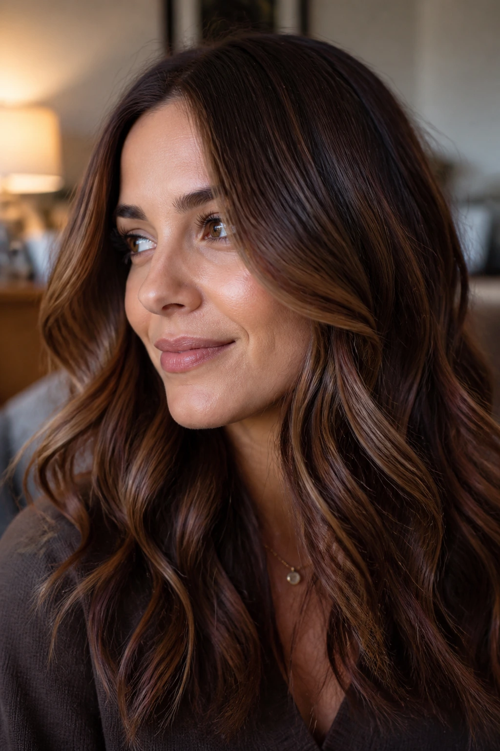 Real person with smoky chestnut lowlights in brunette waves