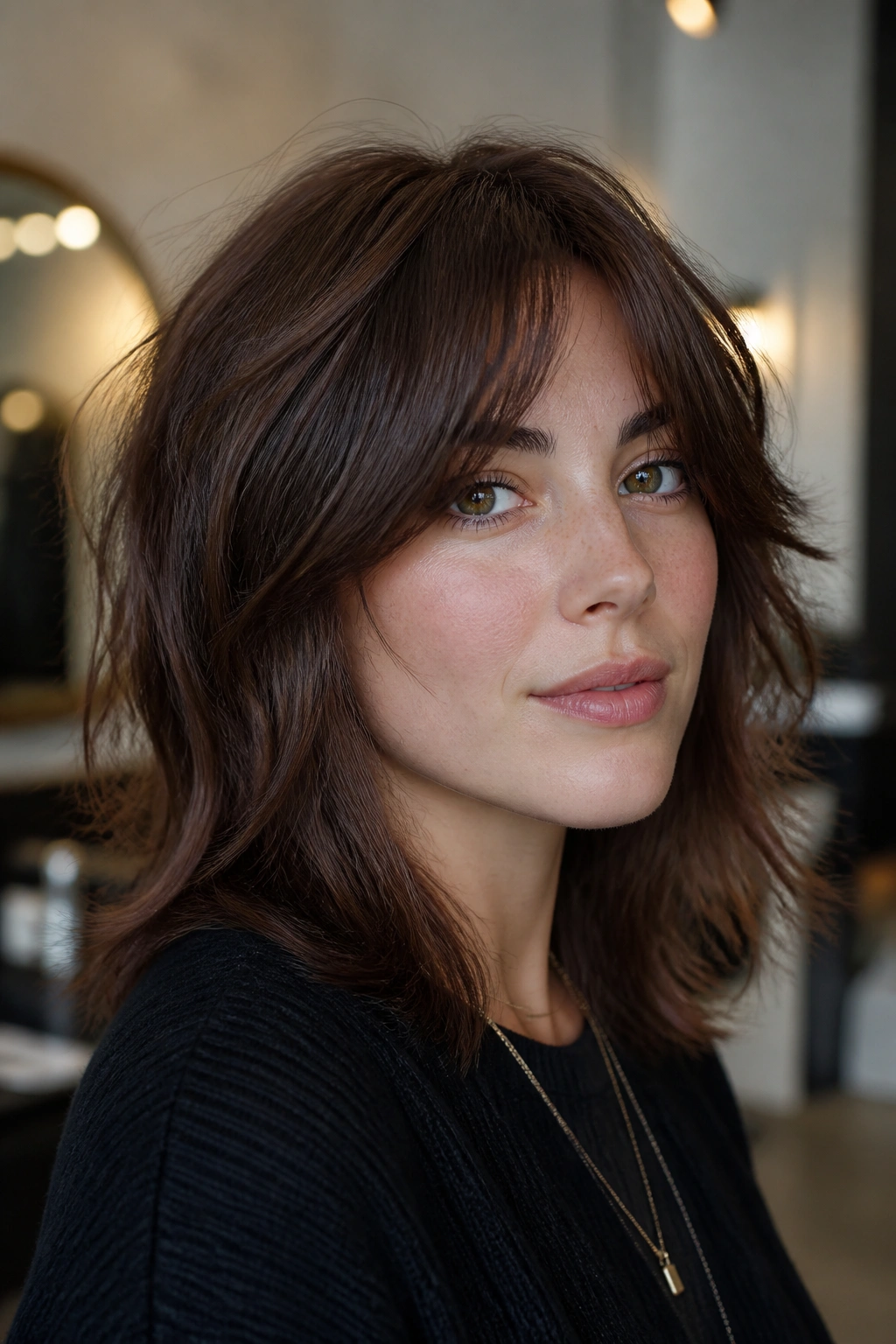 Close-up of a real woman with smoky chestnut shag showing cool-toned layers.