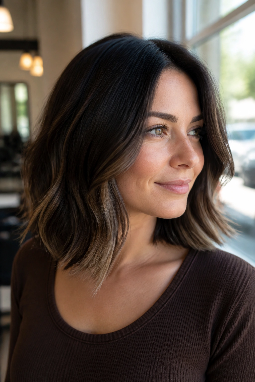 Close-up of a woman with smoky chocolate lob and beige caramel peekaboo panels in natural window light