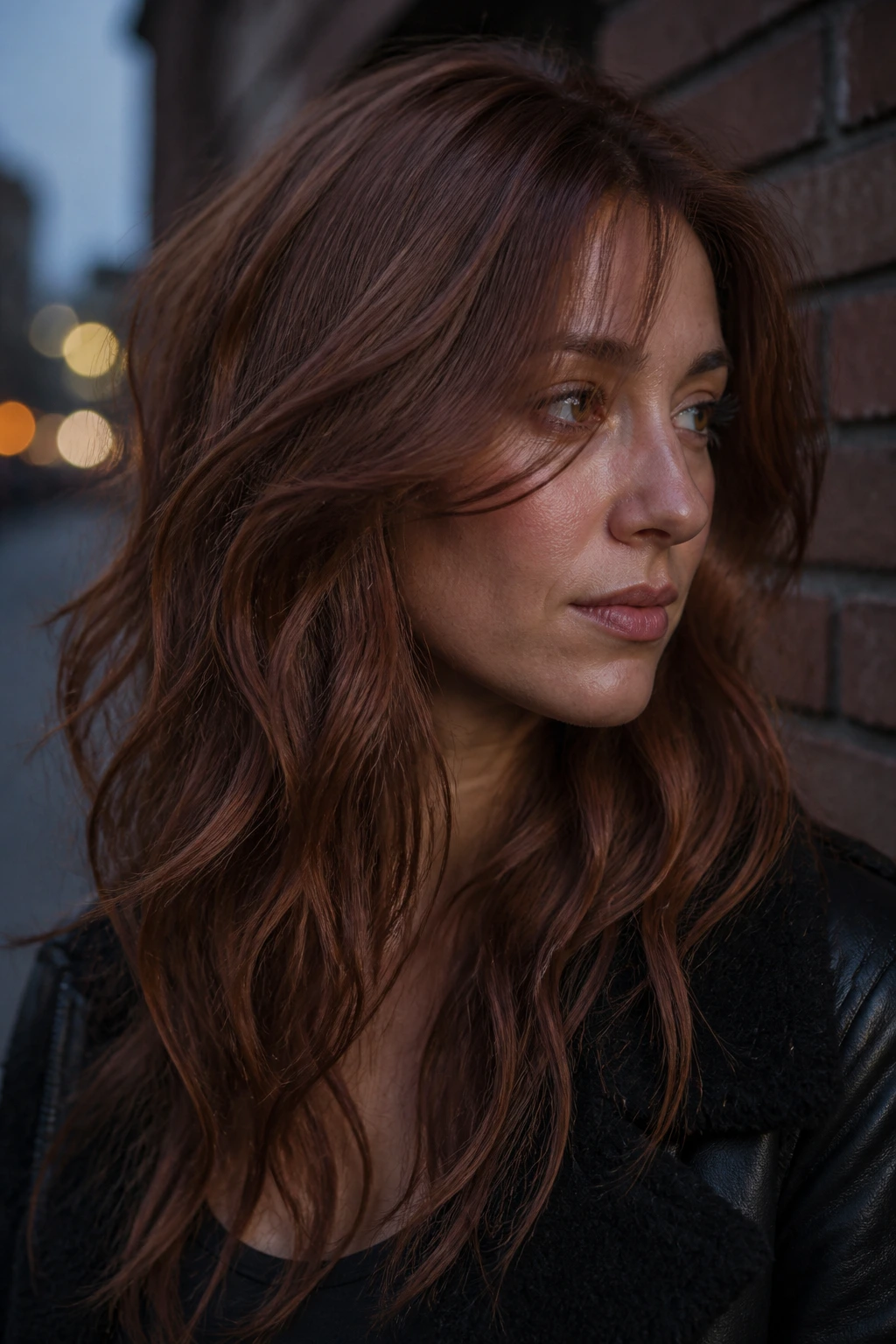 Close-up portrait of a real woman with smoky cinnamon auburn hair at dusk