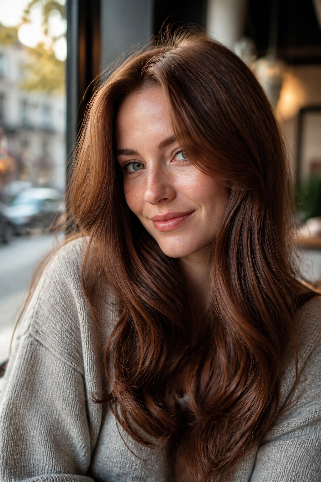 Close-up portrait of a real person with smoky cinnamon auburn on cool skin.