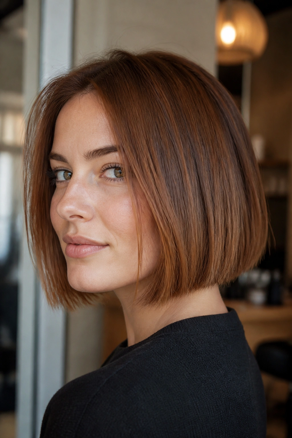 Close-up portrait of a real woman with smoky cinnamon bob in natural light