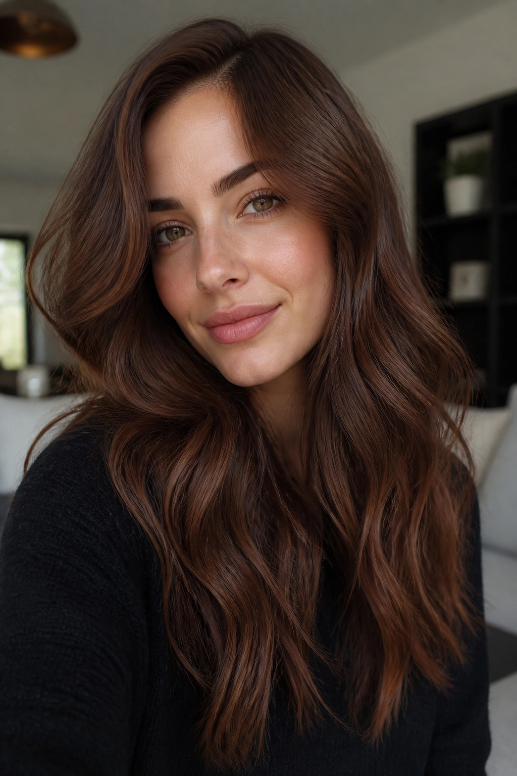 Close-up portrait of a real woman with Smoky Cinnamon Brown hair in natural window light