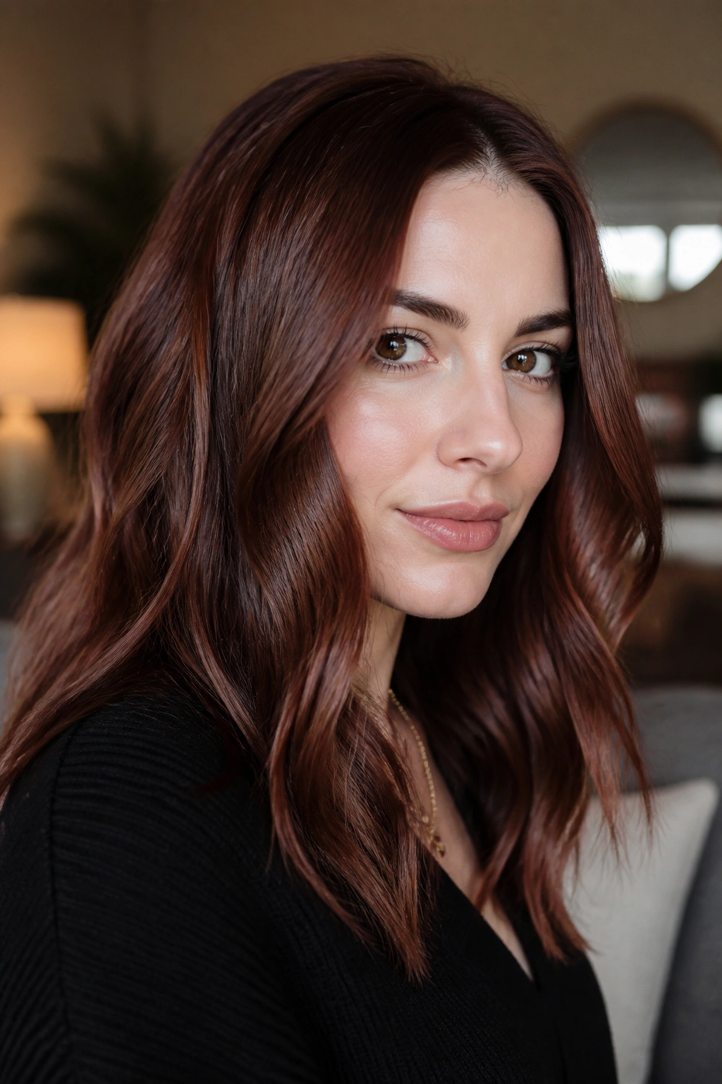 Close-up of a woman with smoky cinnamon brown hair and muted copper tones