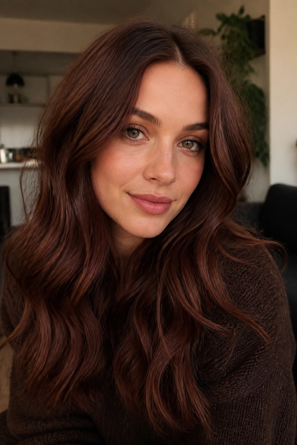 Close-up portrait of a real woman with smoky cinnamon brunette hair