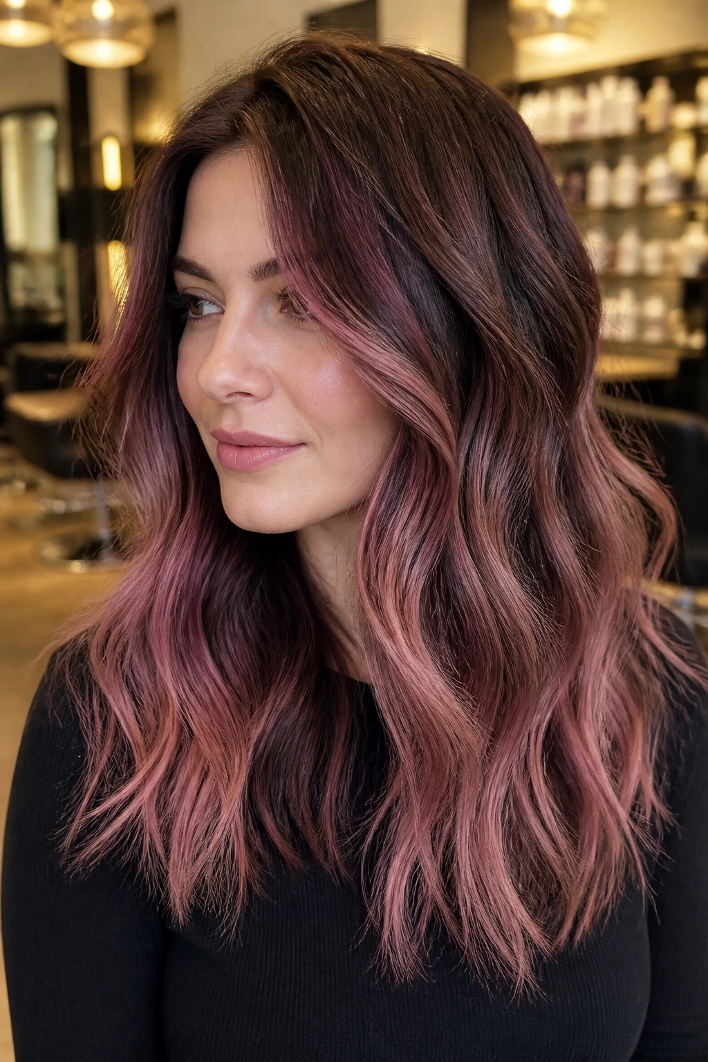 Close-up portrait of a real woman with smoky cocoa hair and blush melt through mid-lengths to ends, cool brunette tones.
