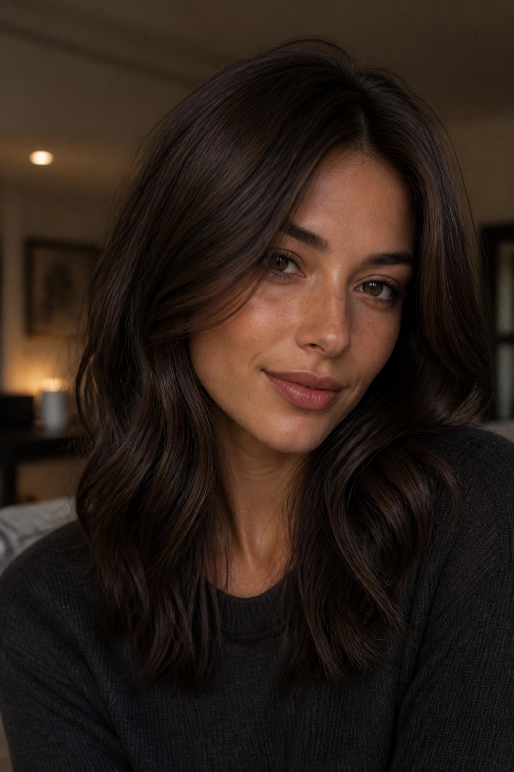 Close-up portrait of a woman with smoky cocoa brown hair in subdued lighting.