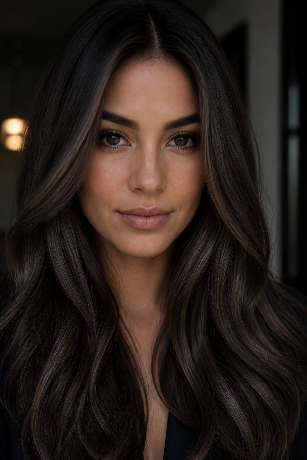 Close-up of brunette with smoky cocoa lowlights for dimensional finish