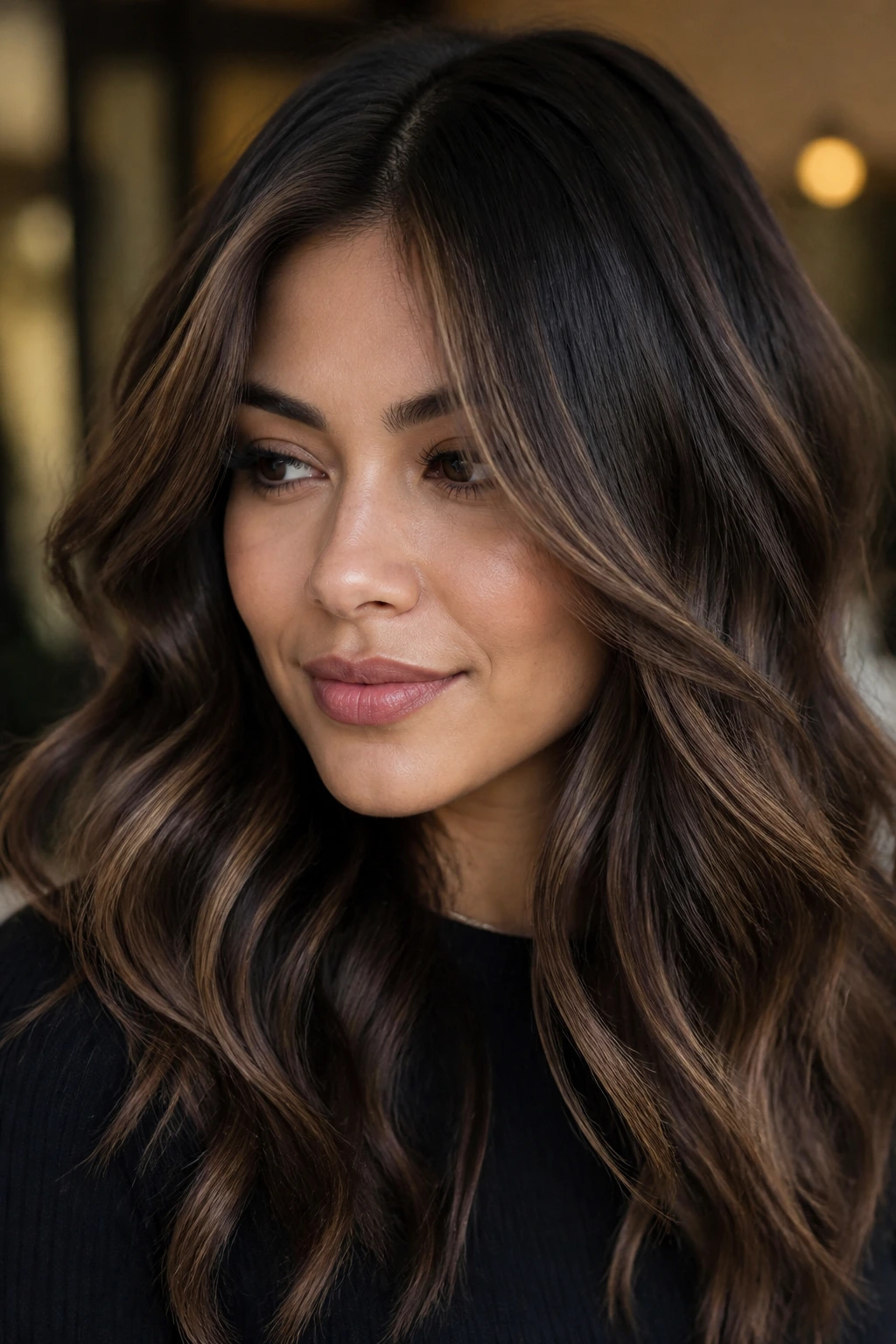 Real woman with smoky cocoa waves and a soft shadow root