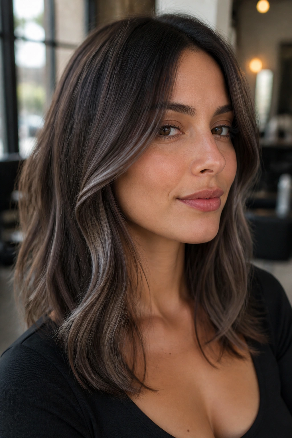 Close-up portrait of a real person with smoky contour highlights on deep chestnut hair