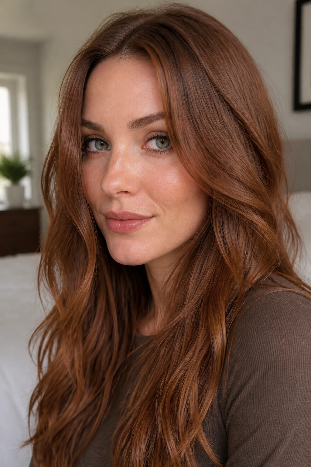 Close-up portrait of a woman with smoky copper auburn hair and cool skin under soft window light