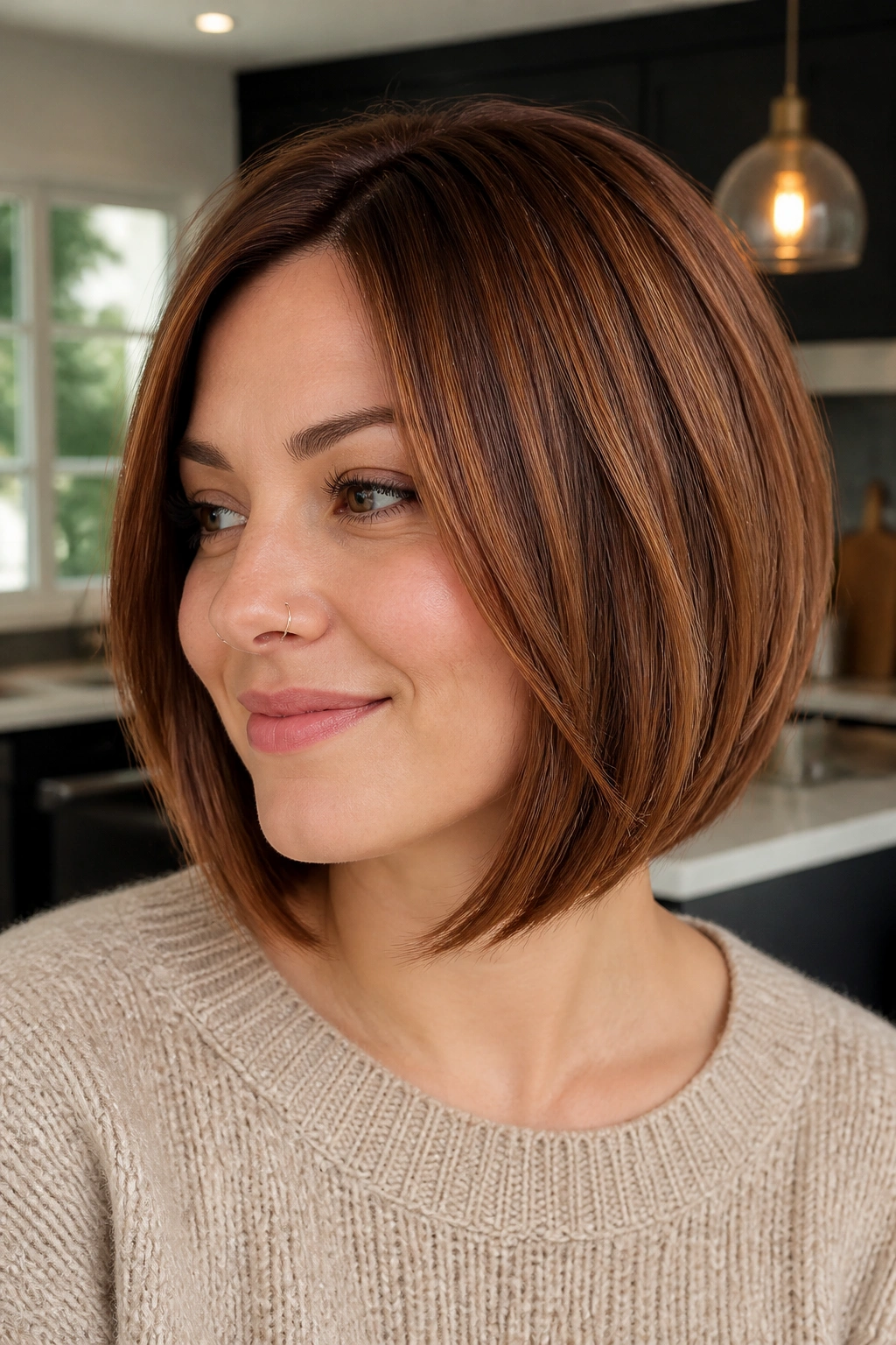 Close-up of a real woman with a smoky copper bob and tapered ends