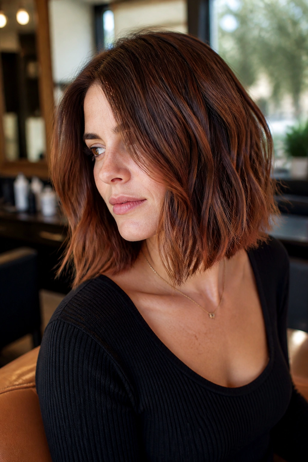 Close-up portrait of a real person with smoky copper brown lob and lowlights